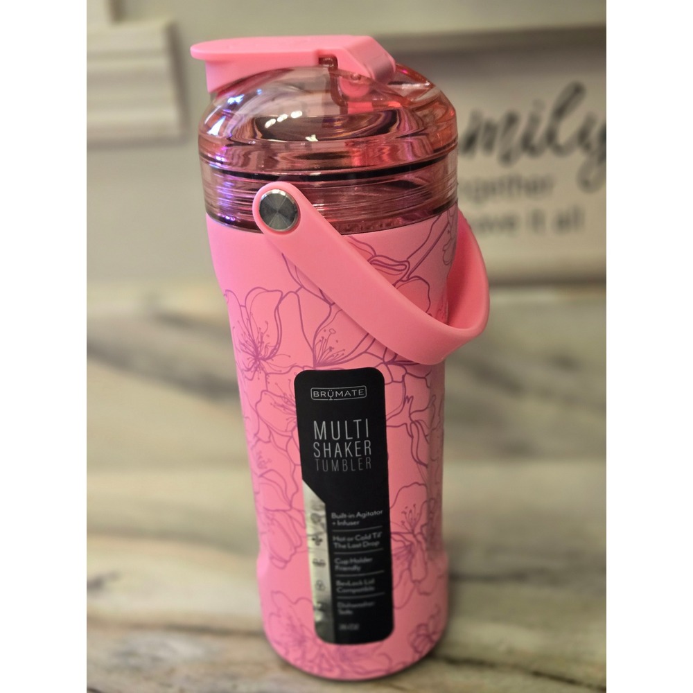 BruMate MultiShaker Tumbler 26oz Pink Floral Insulated Protein Shaker Infuser